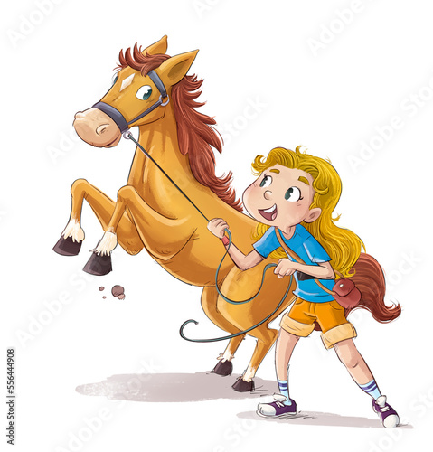 Illustration of little girl taming a horse photo