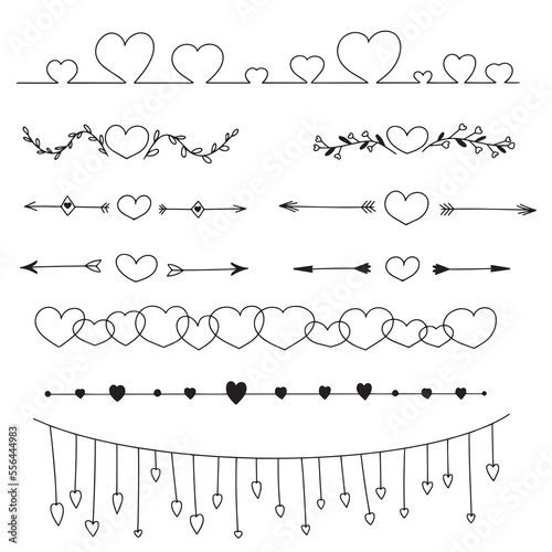 Hand draw dividers with heart in doodle style. Vector illustration.