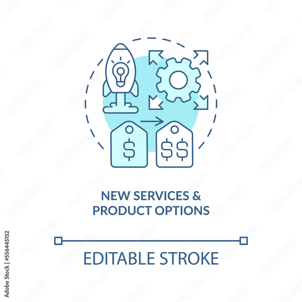 New services and product options blue concept icon. Common reason for price increase abstract idea thin line illustration. Isolated outline drawing. Editable stroke. Arial, Myriad Pro-Bold fonts used New services and product options blue concept icon. Common reason for price increase abstract idea thin line illustration. Isolated outline drawing. Editable stroke. Arial, Myriad Pro-Bold fonts used
