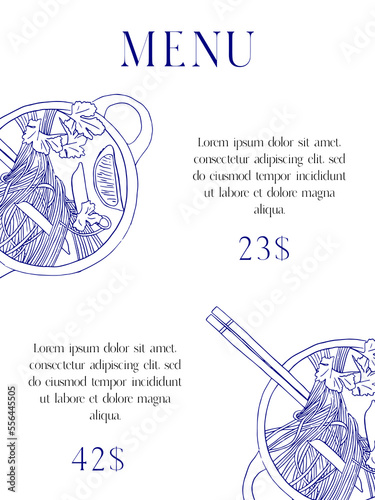 Asian food restaurant and bar menu template. Hand drawn ramen noodle bawl sketch. Japanese food design. Vector