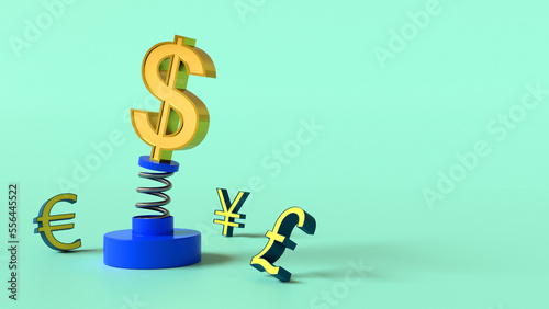 Dollar symbol swings on a metal spring with a blue plastic stand on a green background surrounded by symbols of other currencies. 3d rendering. Finance concept. Place for text or logo