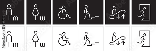 Gender icon. Man and Woman icons. Modern simple Icons vector. Restroom pictogram signage. Stairs, escalator, EXIT, and WC linear sign symbol.