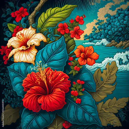 Hawaiian print pattern, colorful design illustartion