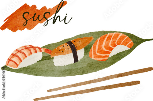 Tasty watercolour sushi nigiri collection. asian food background for promotion, banner, menu, flyer, ad, paper. Vector illustration isolated