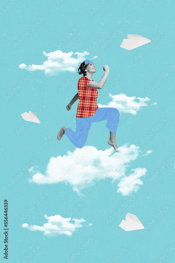 Composite artwork creative photo collage of youngster running lady hurry up time to sleep with eye mask pajama isolated over heaven background
