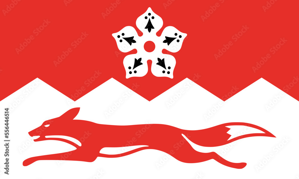 Flag of Leicestershire or Leics Ceremonial county (England, United Kingdom of Great Britain and Northern Ireland, uk) red and white dancetté background, Cinquefoil and the running red fox, - obrazy, fototapety, plakaty 