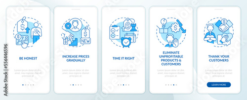 Tactics for raising prices blue onboarding mobile app screen. Walkthrough 5 steps editable graphic instructions with linear concepts. UI, UX, GUI template. Myriad Pro-Bold, Regular fonts used