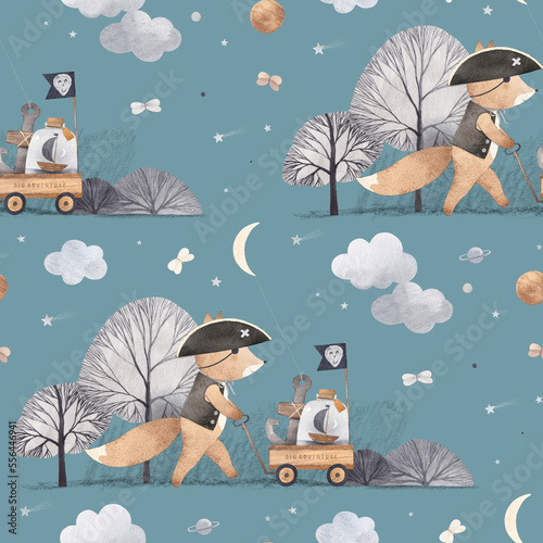 A cute fox pushes a wooden toy cart. Watercolor seamless pattern background. Beautiful pattern for a child's room. Decor for a children's room.