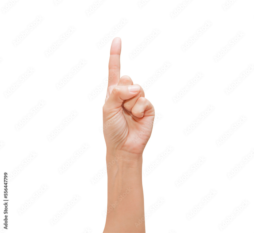 Woman palm hand, fingers bent, index finger pointing upwards, isolated on white background with clipping path Woman palm hand, fingers bent, index finger pointing upwards, isolated on white background with clipping path