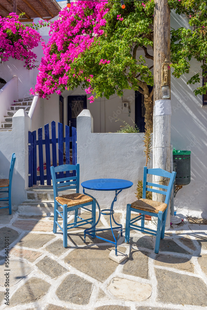 Obraz premium Traditional alley with whitewashed houses,an exterior of a greek tavern and a bougainvillea in Prodromos Paros island