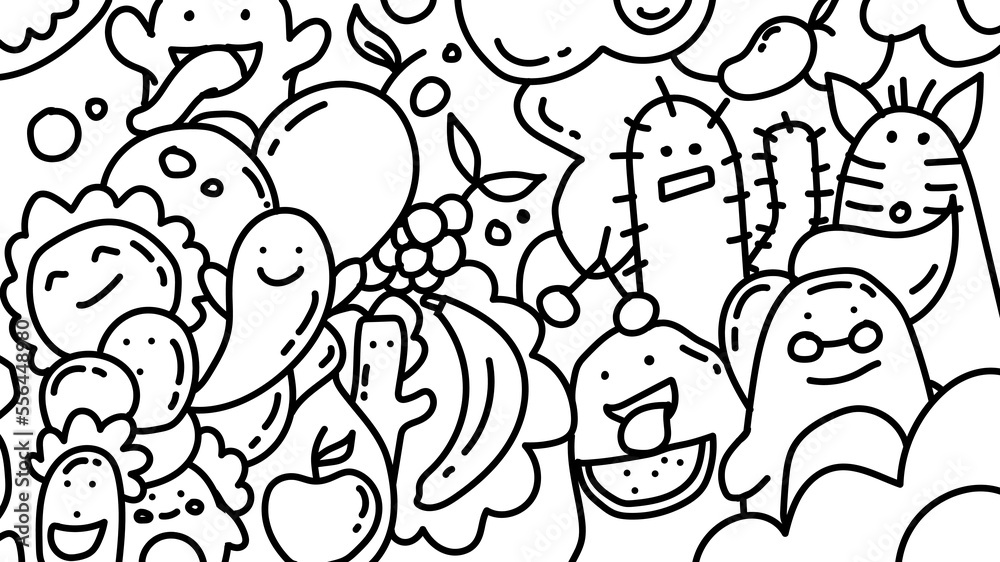 hand drawn black and white doodles character for children coloring
