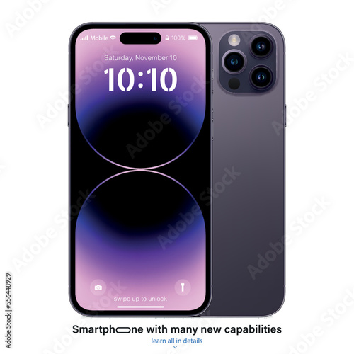 new frameless smartphone purple color with colored screen saver front and backside view isolated on white background. mockup of realistic and detailed mobile phone with shadow. vector illustration