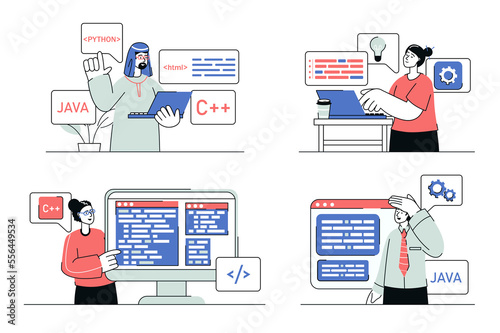 Programming working concept set in flat line design. Men and women work with programming languages on screens, write code or scripts for new apps. Illustration with outline people scene for web