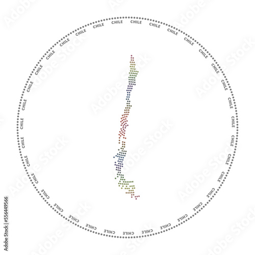 Chile round logo. Digital style shape of Chile in dotted circle with country name. Tech icon of the country with gradiented dots. Elegant vector illustration.
