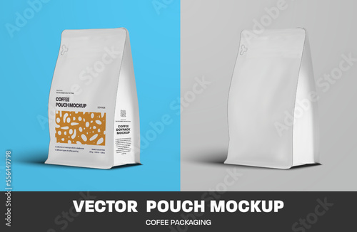 Mockup of white coffee pouch gusset, vector zip doypack, isolated on wall background.