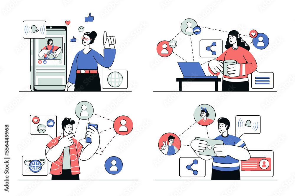 Social network concept set in flat line design. Men and women browsing news feed, new posts of friends and bloggers, communicate online in app. Illustration with outline people scene for web Social network concept set in flat line design. Men and women browsing news feed, new posts of friends and bloggers, communicate online in app. Illustration with outline people scene for web