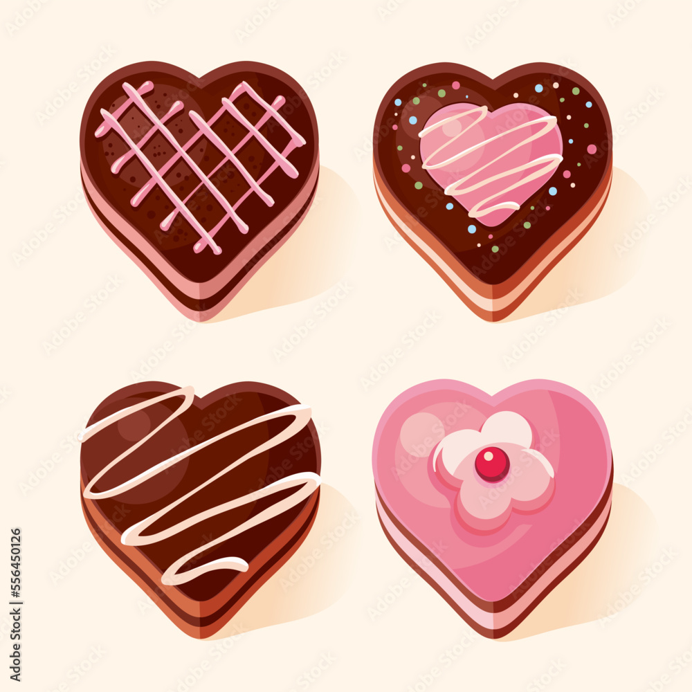Set of heart shaped chocolate cake. Chocolate cute decorated dessert with cream. Vector isometric isolated illustration. Set of heart shaped chocolate cake. Chocolate cute decorated dessert with cream. Vector isometric isolated illustration.
