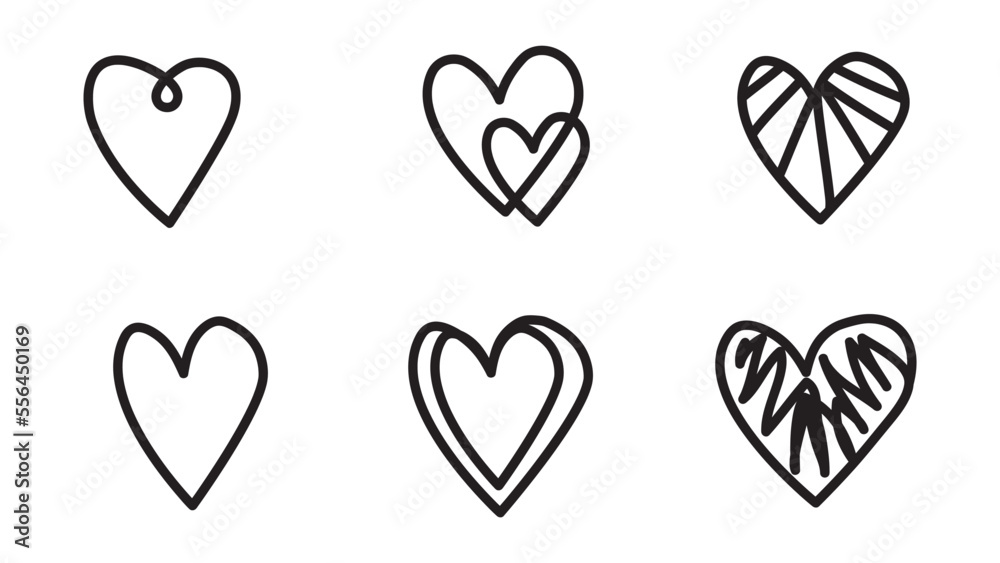 Heart doodles set. Hand drawn hearts collection. Romance and love illustrations.Vector illustration