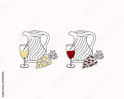 White and red wine in glass with jar and spring of grape