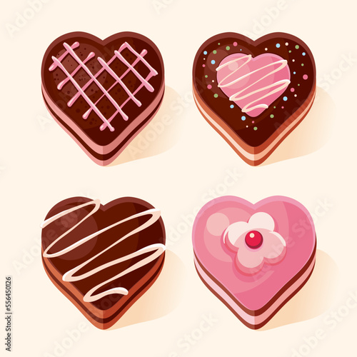 Set of heart shaped chocolate cake. Chocolate cute decorated dessert with cream. Vector isometric isolated illustration.