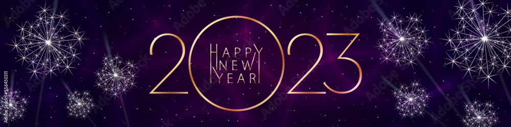 Happy New Year 2023. Festive banner in bright color with sparklers and golden numbers
