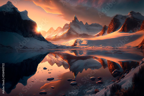 Epic winter mountains landscape at sunset. AI