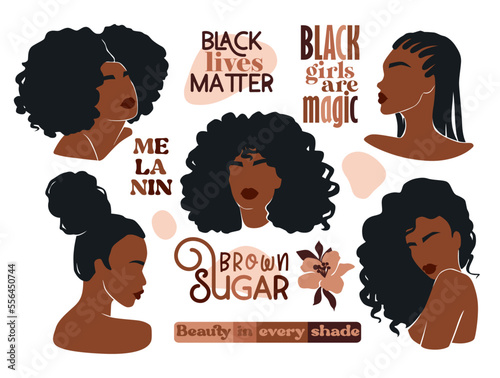 Afro American Woman Vector Illustration Set. Beautiful Girls Dark Skin.