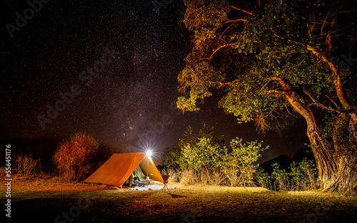 Camping in the wilderness. A pitched tent under the glowing night sky stars of the milky way, Laikipia, Kenya.