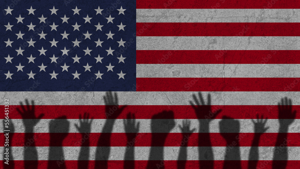 Fototapeta premium Protesters hands shadow on USA flag, political news banner, against the decision concept