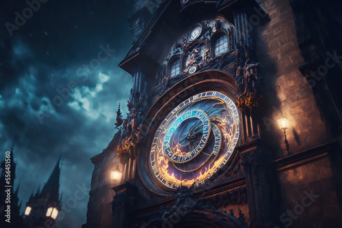 Generative AI : a medieval astronomical clock in old town square in Prague