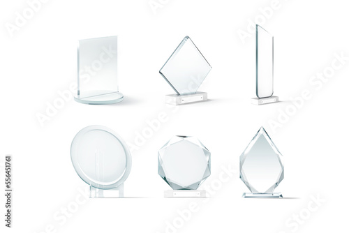 Blank glass award trophies mockup, different types photo