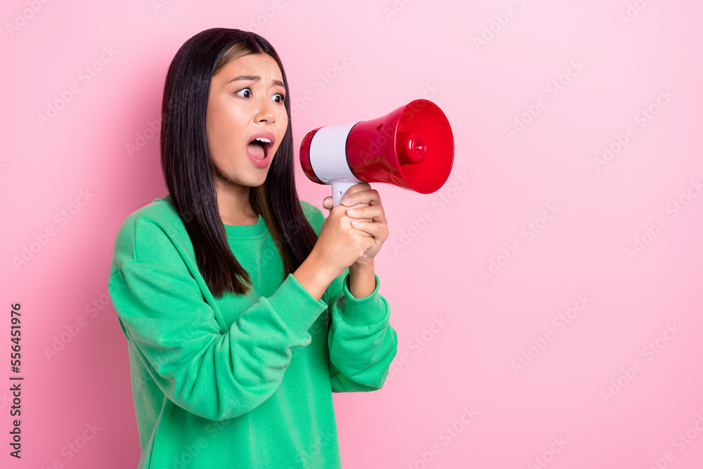 Photo of unhappy upset girl dressed green sweatshirt screaming warning bullhorn isolated pink color background Photo of unhappy upset girl dressed green sweatshirt screaming warning bullhorn isolated pink color background