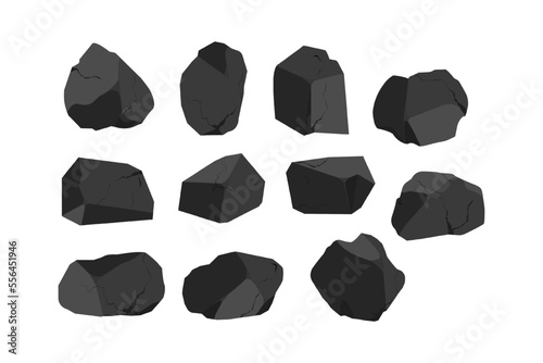 A set of black charcoal of various shapes.Collection of pieces of coal, graphite, basalt and anthracite. The concept of mining and ore in a mine.Rock fragments,boulders and building material.