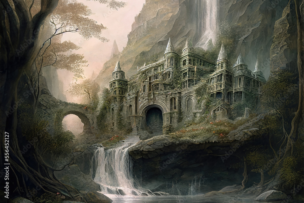 Generative AI : a large Elven or Elvish city with arches, marble palaces, waterfalls and vegetation