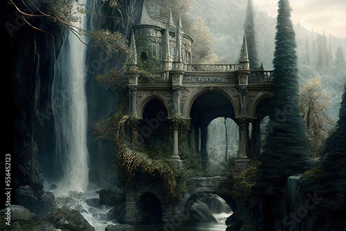 Generative AI : a large Elven or Elvish city with arches, marble palaces, waterfalls and vegetation