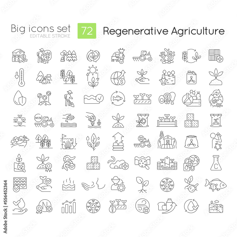 Regenerative agriculture linear icons set. Ecologically safe farming. Nature conservation. Ecosystem. Customizable thin line symbols. Isolated vector outline illustrations. Editable stroke