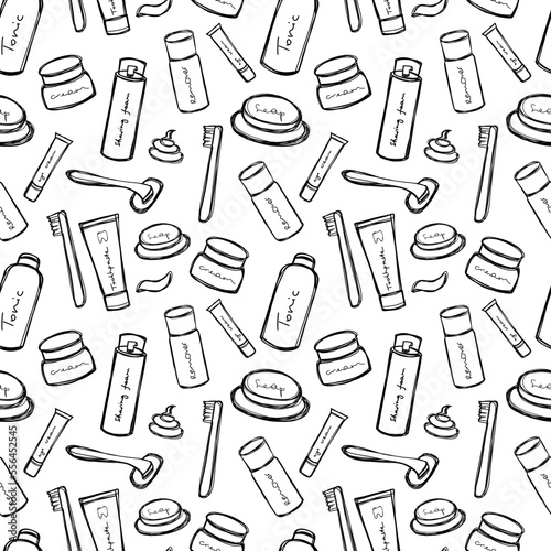 Cute doodle bathroom accessories seamless pattern. Set of bath accessories in doodle style. Vector illustration