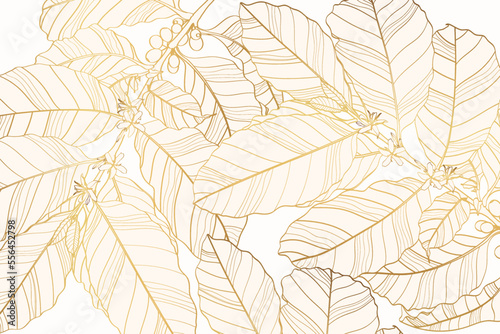 Luxury wallpaper design with golden coffee branches and natural background. Tropical line design for wall art, fabrics, prints and background texture, illustration.