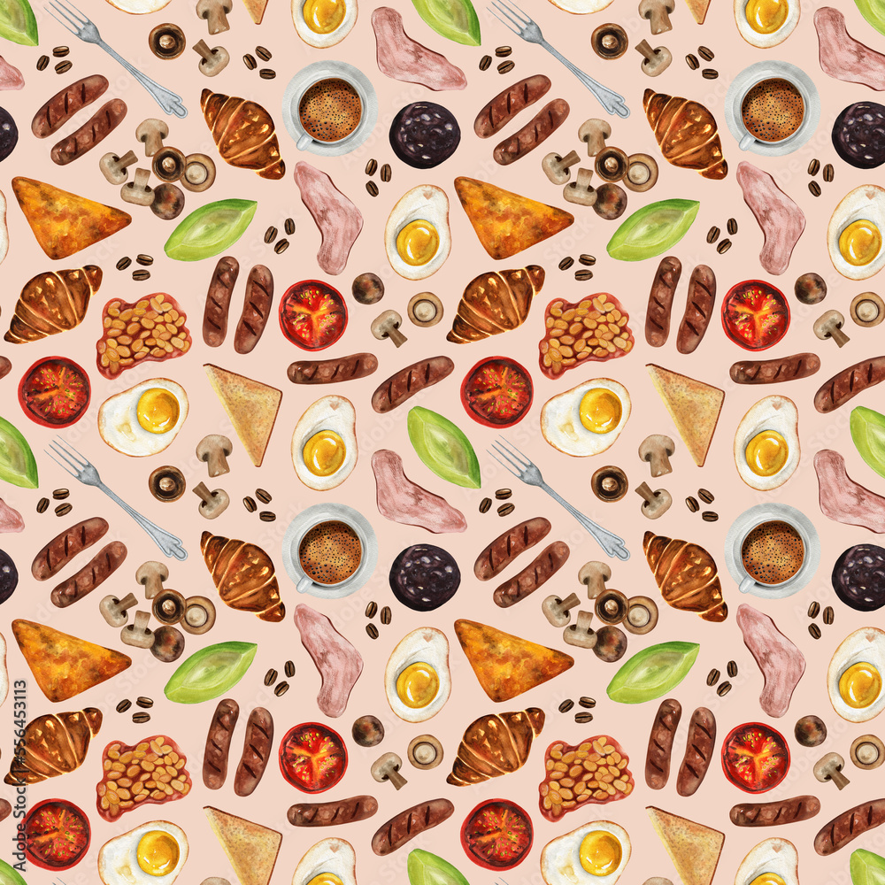 Traditional English Breakfast Seamless Pattern, Watercolor Breakfast print, Morning meal background, Fried eggs, bacon, toast, tomato, mushrooms, baked beans, sausages, black pudding Traditional English Breakfast Seamless Pattern, Watercolor Breakfast print, Morning meal background, Fried eggs, bacon, toast, tomato, mushrooms, baked beans, sausages, black pudding