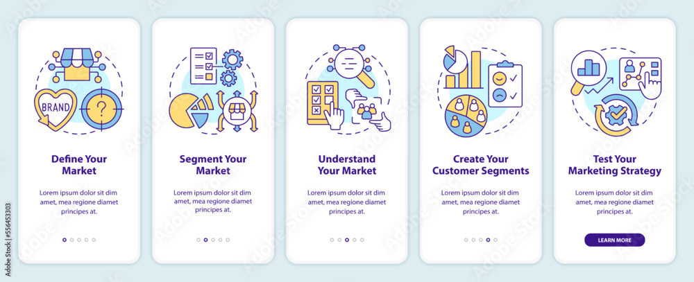 Get started with segmentation onboarding mobile app screen. Walkthrough 5 steps editable graphic instructions with linear concepts. UI, UX, GUI template. Myriad Pro-Bold, Regular fonts used
