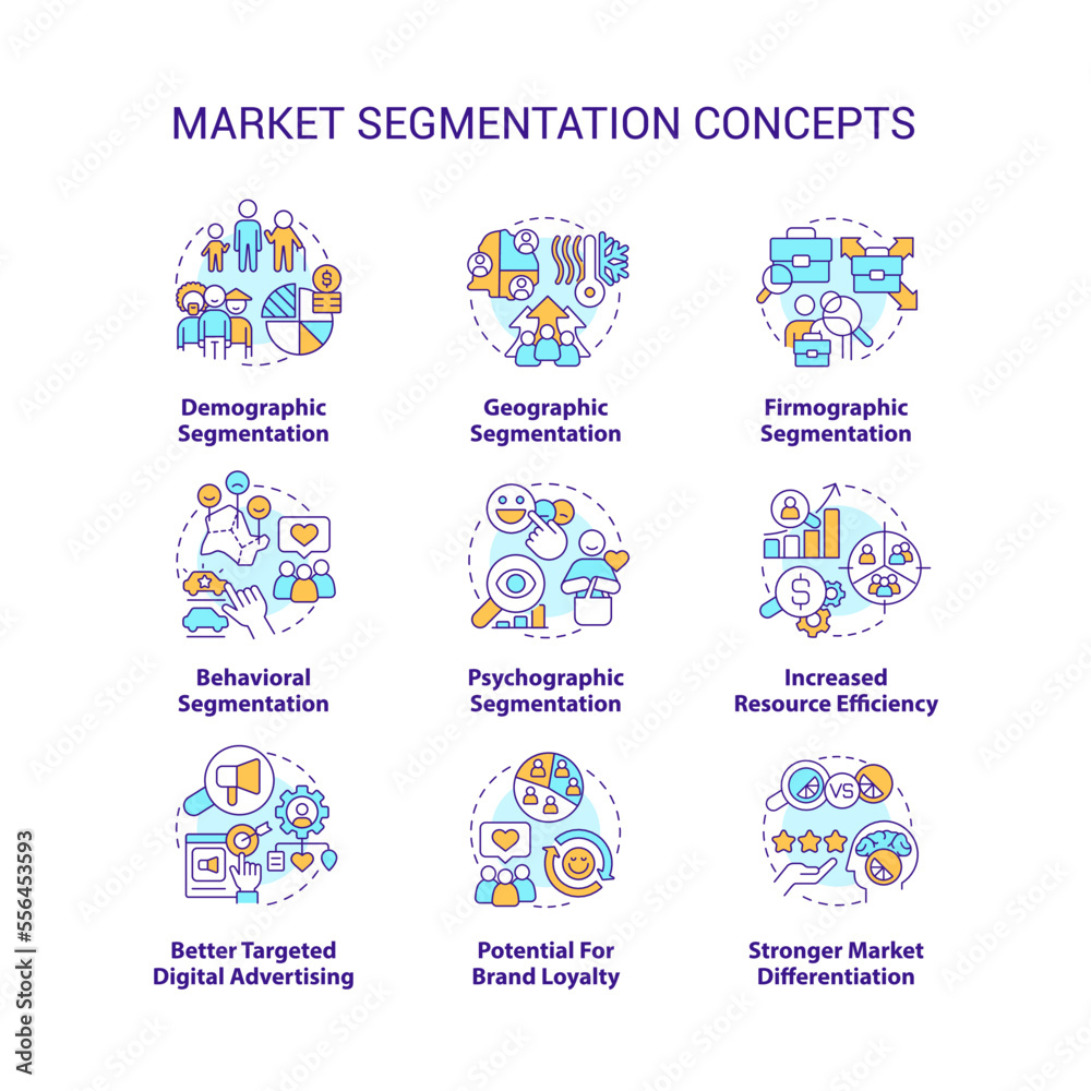 Market segmentation concept icons set. Divide in groups. Target audience idea thin line color illustrations. Isolated symbols. Editable stroke. Roboto-Medium, Myriad Pro-Bold fonts used