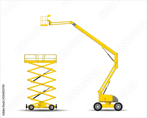 Set of images of self-propelled building lifting platforms. scissor and articulated lift.