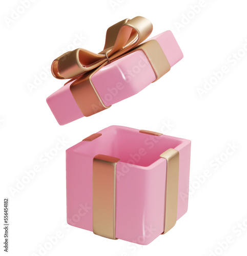 Valentines gifts box open 3d render PNG. Pink box with gold glossy ribbon isolated. Holiday decoration presents. Realistic icon for birthday or wedding banners.