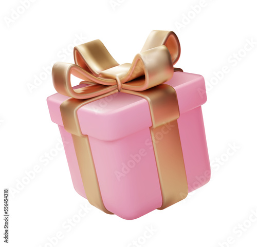 Realistic pink gifts boxe. 3d PNG isolated illustration Valentine gift box with gold bows and ribbons. Festive decorative 3d render vector object.