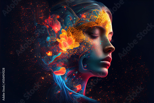 beautiful fantasy abstract portrait of a beautiful woman double exposure with a colorful digital paint splash or space nebula, generative ai © Gbor