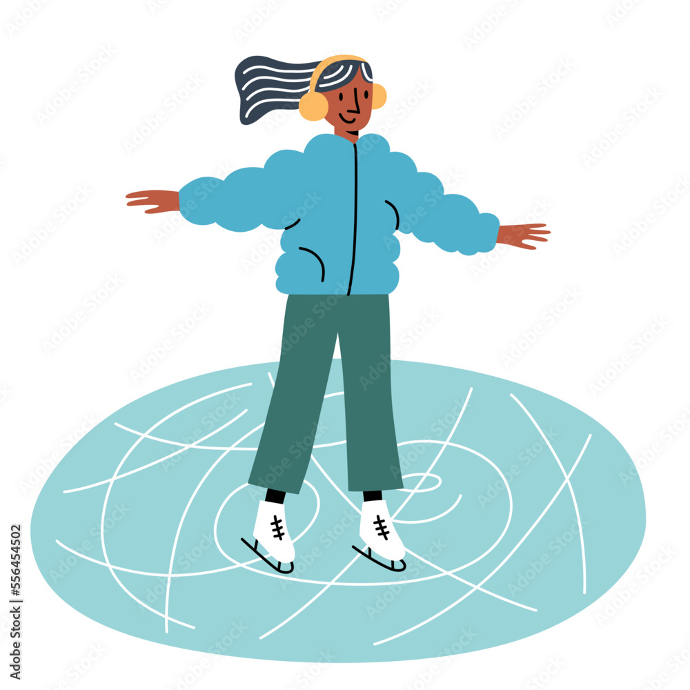Φωτογραφία Girl skating icon, vector doodle illustration of ice rink, woman in skates glidi