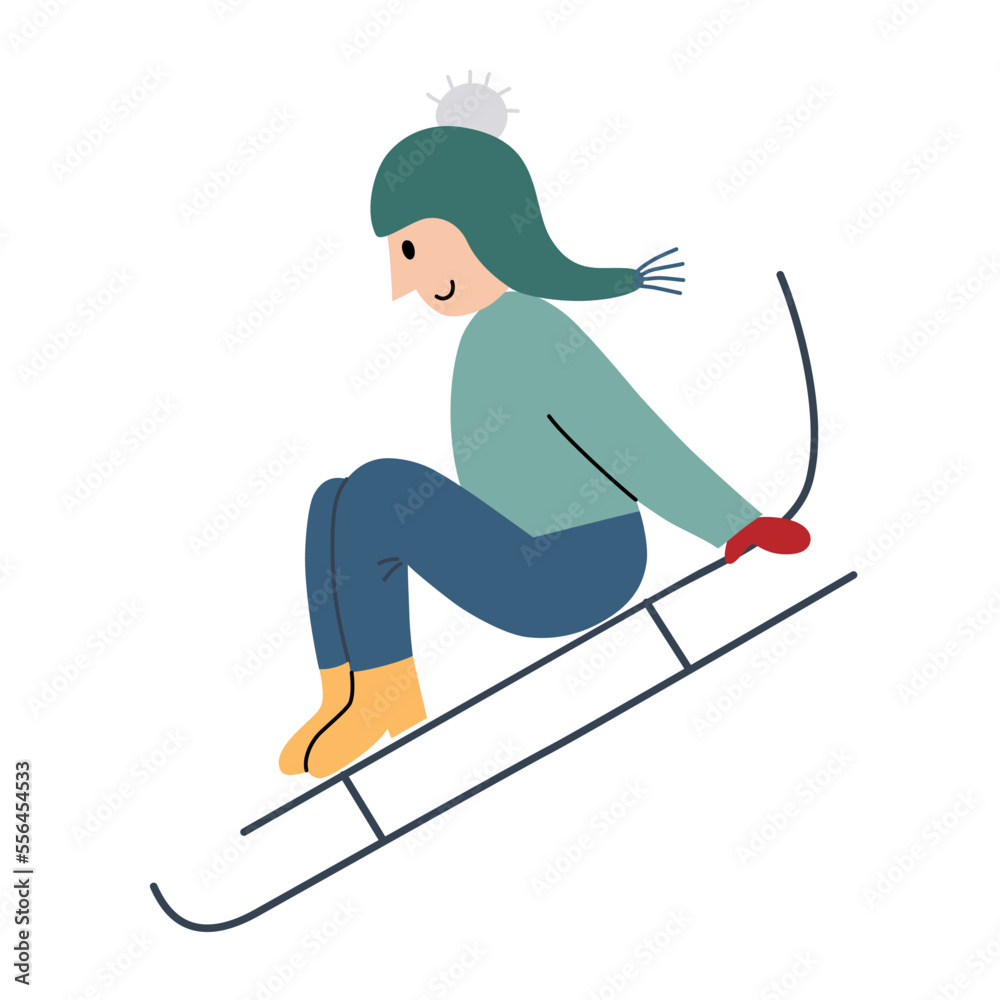 Obraz premium Child sledding down the hill, snow sled icon, vector doodle illustration of winter fun, holidays activities, Christmas and new year, isolated colored clipart on white background