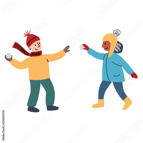 Kids throwing snowballs, winter games icon, vector doodle illustration of children in warm clothes, having fun on winter holidays, playing with snow, isolated colored clipart on white background © Elena