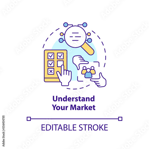 Understand your market concept icon. Conduct research. Get started with segmentation abstract idea thin line illustration. Isolated outline drawing. Editable stroke. Arial, Myriad Pro-Bold fonts used