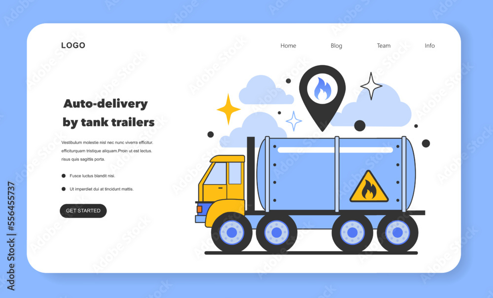 Auto-delivery by tank trailers, LNG transportation web banner or landing page. Auto-delivery by tank trailers, LNG transportation web banner or landing page.